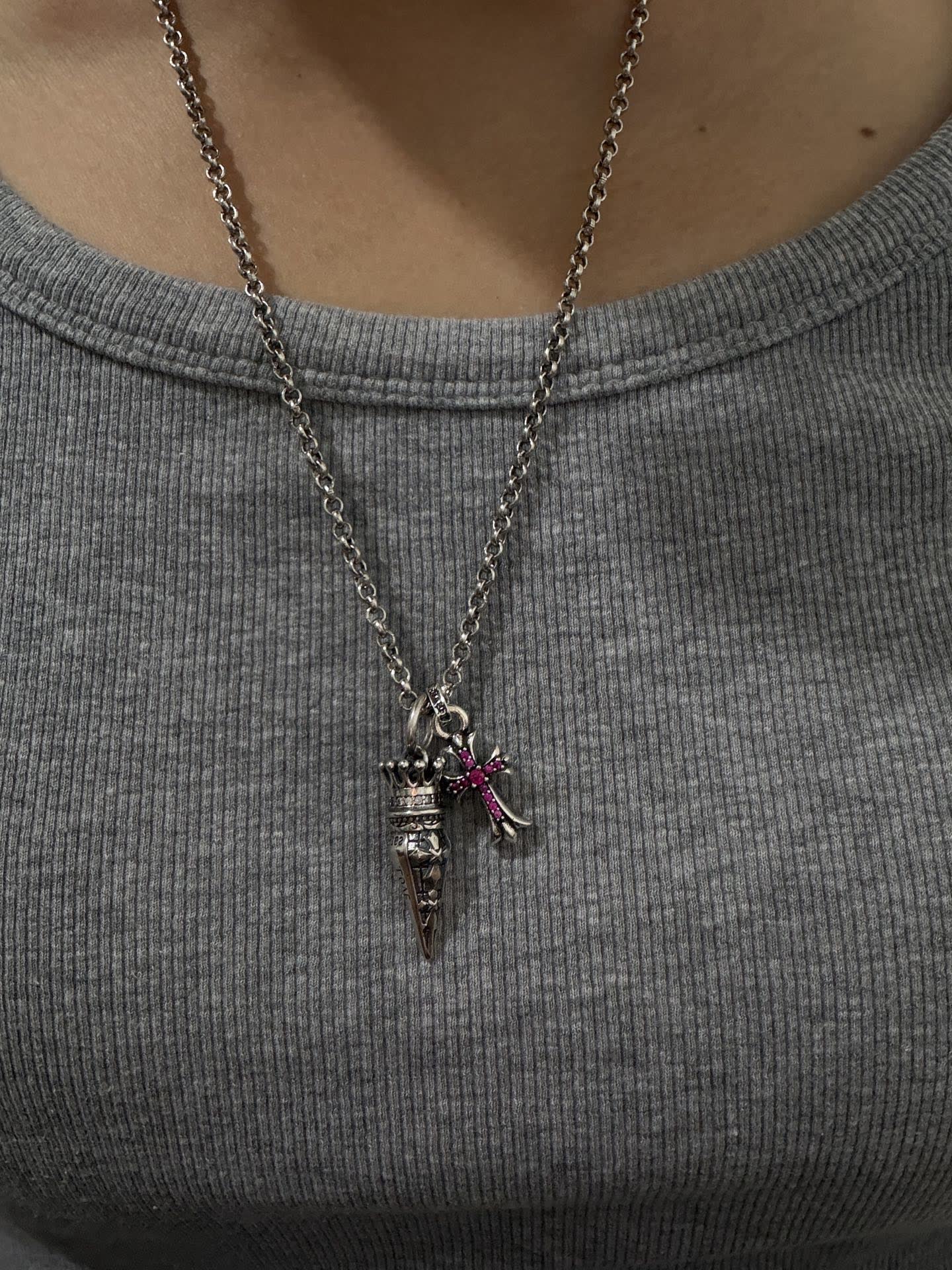 Chrome Hearts Silver Cross and Crown Pendant Necklace